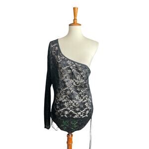 Fantasy Lingerie Black Lace Top Women Size 1X One Shoulder Long Sleeve Sheer